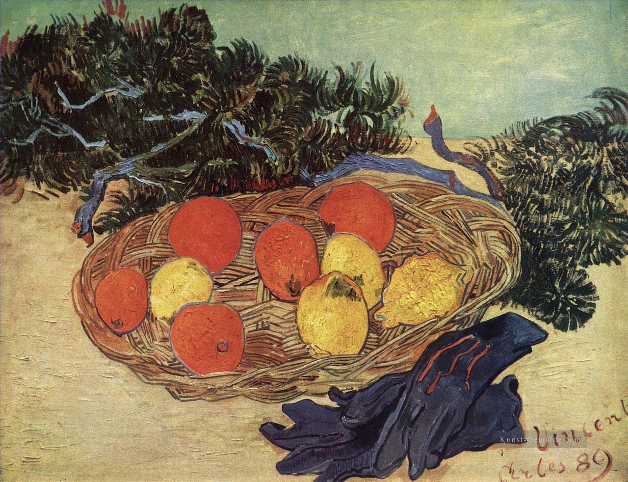 Stilleben mit Orangen und Zitronen mit blauen Handschuhen Vincent van Gogh Ölgemälde